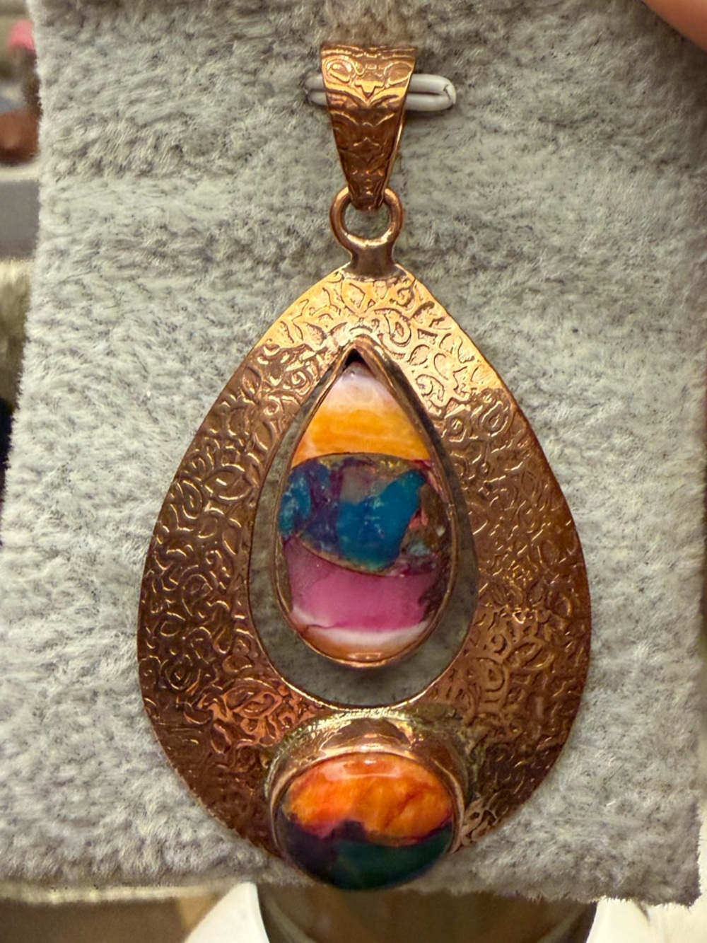 Native Copper Teardrop Pendant with Multicolor Inlay - Women Jewelry